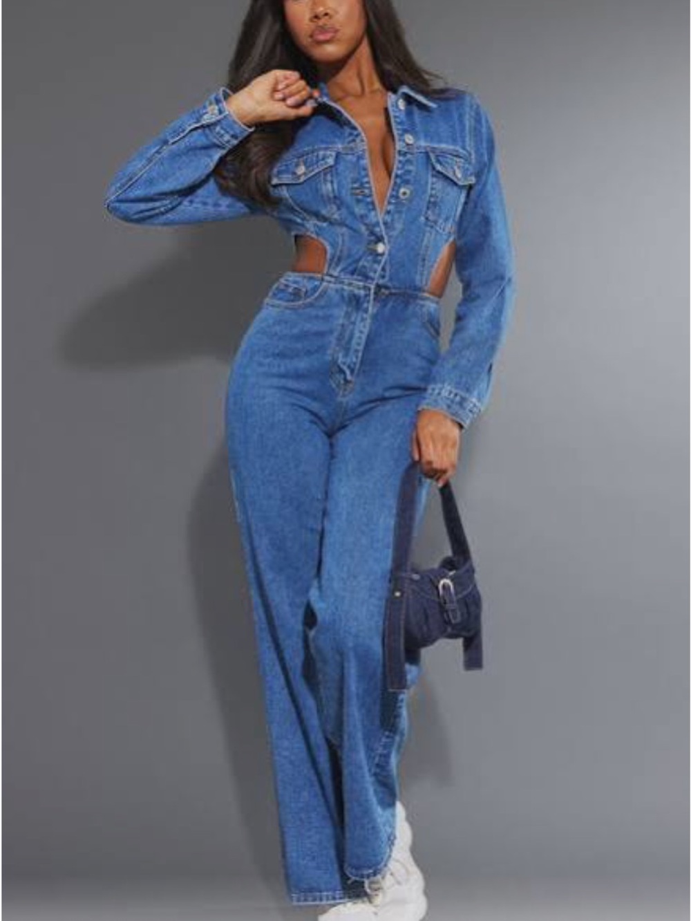 PrettyLittleThing Mid Blue Wash Cut Out Waist Denim Jumpsuit